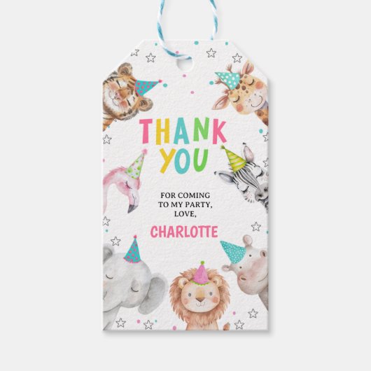ピンクサファリモダンパーティー動物誕生日ギフトラベル ギフトタグ (正面)