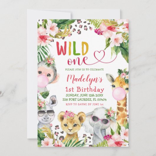 ピンクサファリワイルドワンガールバースデーパーティー 招待状 (正面)
