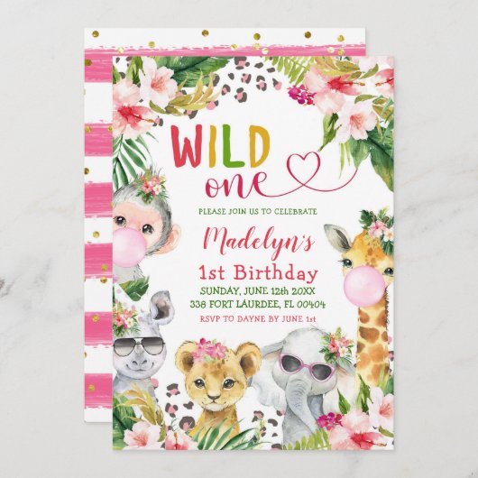 ピンクサファリワイルドワンガールバースデーパーティー 招待状 (正面/裏面)