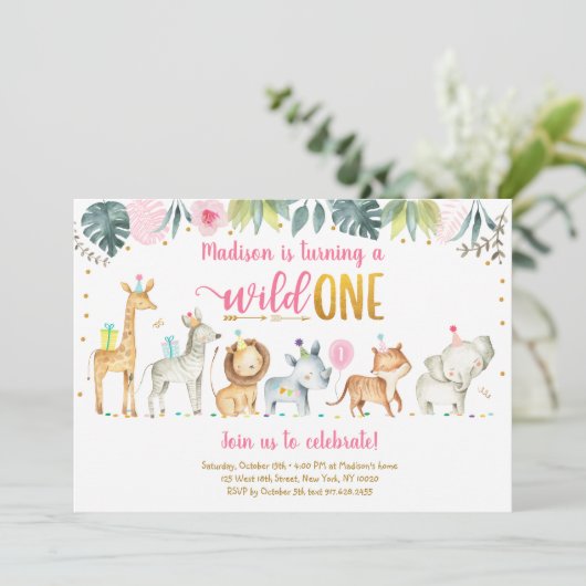 ピンクサファリワイルドワン誕生日 招待状 (スタンド正面)