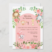 ピンクサファリーテーマのファーストバースデー写真招待状 招待状 (正面)