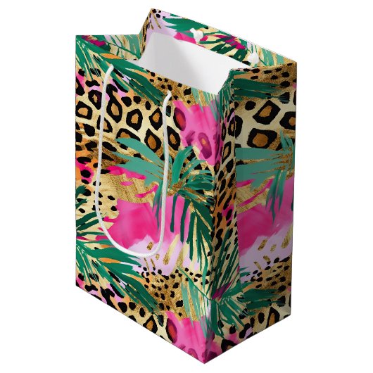 ピンクサファリ動物の毛皮のプリントパターンおもしろい ミディアムペーパーバッグ (正面アングル)