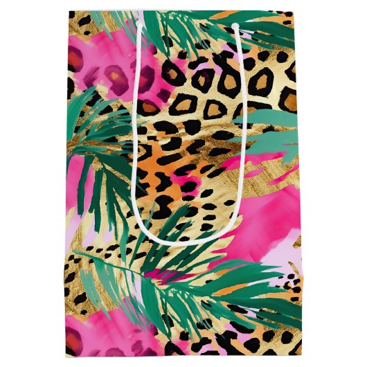 ピンクサファリ動物の毛皮のプリントパターンおもしろい ミディアムペーパーバッグ (裏面)