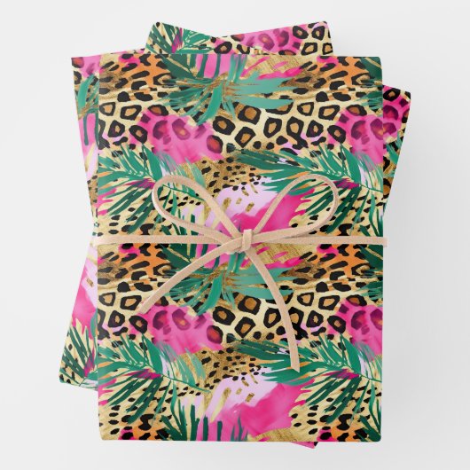 ピンクサファリ動物の毛皮のプリントパターンおもしろい ラッピングペーパーシート (インサイチュ)