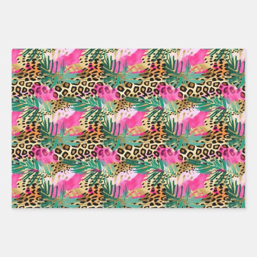 ピンクサファリ動物の毛皮のプリントパターンおもしろい ラッピングペーパーシート (正面)
