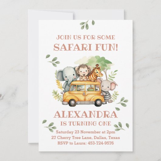 ピンクサファリ動物ガールジャングル1st誕生日パーティー 招待状 (正面)