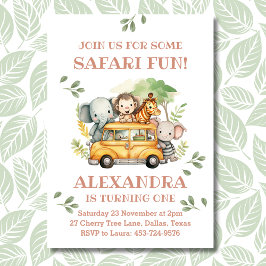 ピンクサファリ動物ガールジャングル1st誕生日パーティー 招待状