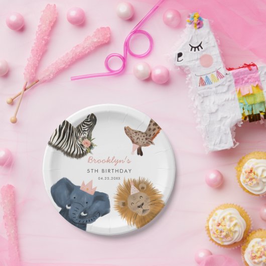 ピンクサファリ動物園の動物の誕生日パーティー ペーパープレート (パーティー)