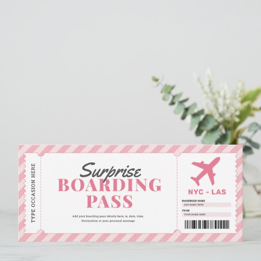ピンクサプライズ搭乗パス飛行機ギフトチケット 招待状 (スタンド正面)