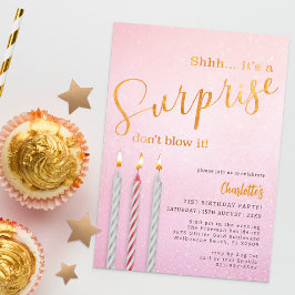 ピンクサプライズ誕生日招待状-グリッターキャンドル 招待状