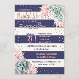 ピンクサボスネイビーストライプバラ金ゴールドブライダルシャワー 招待状