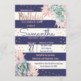 ピンクサボス海軍ストライプバラ金ゴールド誕生日パーティー 招待状