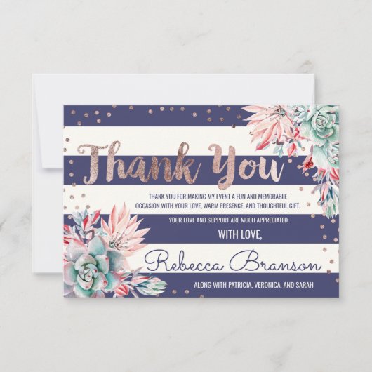 ピンクサボテンストライプネイビーバラ金ゴールドありがとう サンキューカード (正面)