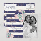 ピンクサボテンストライプネイビーバラ金ゴールド保存日 案内ポストカード (正面/裏面)