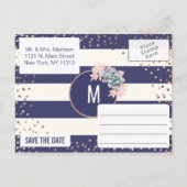 ピンクサボテンストライプネイビーバラ金ゴールド保存日 案内ポストカード (裏面)