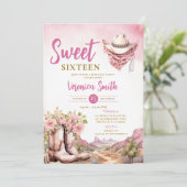 ピンクサボテン女性のカーボーイSweet sixteenブースト誕生日 招待状 (スタンド正面)