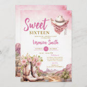 ピンクサボテン女性のカーボーイSweet sixteenブースト誕生日 招待状 (正面/裏面)