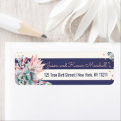 ピンクサボテン海軍ストライプバラおよび金ゴールドアドレス ラベル (インサイチュ)