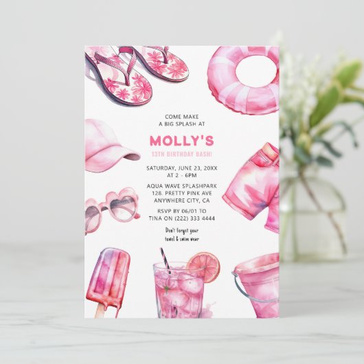 ピンクサマーかわいらしガールズ誕生日 招待状 (スタンド正面)