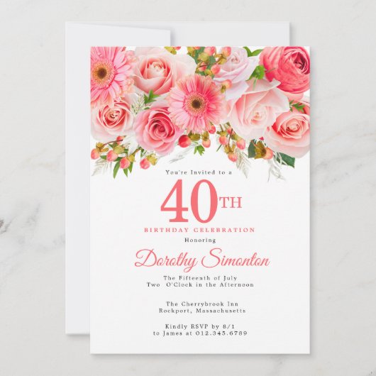 ピンクサマーかわいらしフローラ40歳の誕生日 招待状 (正面)