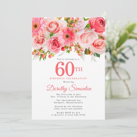 ピンクサマーかわいらしフローラ60誕生日 招待状 (スタンド正面)