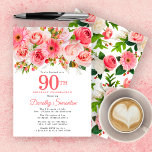 ピンクサマーかわいらしフローラ90誕生日 招待状<br><div class="desc">バラ、牡丹、ダイズは夏のピンクのかわいらしフローラデザインを作成する。芽や葉が素朴な雰囲気を醸し出す。90日は書大文字だはっきりした。それは好きな年のために変更することができる。誕生日のお祝いの名前はスクリプ書トフォントにエレガントある。招待状の後ろにオールオーバーピンクと白の花のパターンがある。</div>