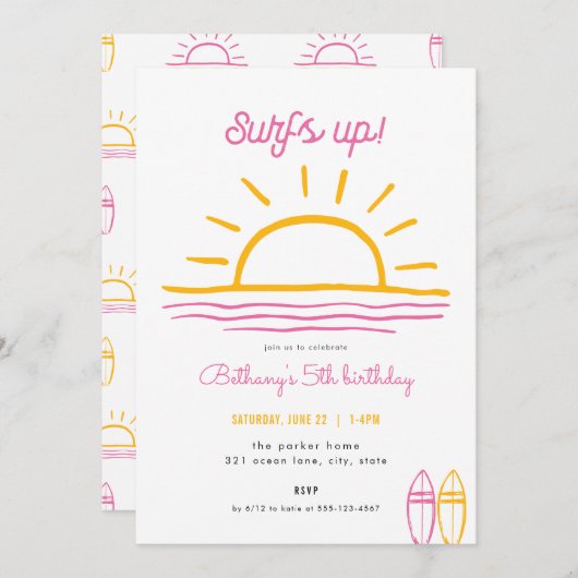 ピンクサマーサーフアップパーティー誕生日招待状 招待状 (正面/裏面)