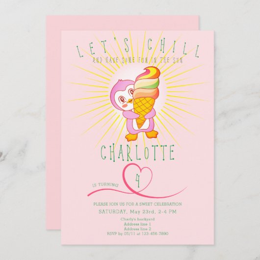 ピンクサマーチルアイスクリームペおもしろいンギン誕生日 招待状 (正面/裏面)
