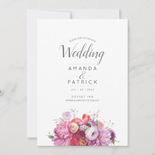 ピンクサマーフローラウォーターカラー結婚式招待状 招待状 (正面)