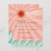 ピンクサンアンドアクアブルーウェーブスサマービーチ結婚式 出欠カード (正面/裏面)