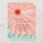 ピンクサンアンドアクアブルーウェーブスサマービーチ結婚式 招待状 (正面/裏面)