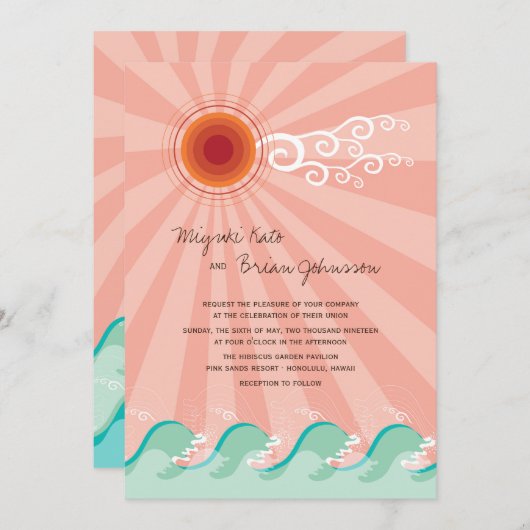 ピンクサンアンドアクアブルーウェーブスサマービーチ結婚式 招待状 (正面/裏面)