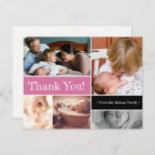 ピンクサンキューセカンドベビー誕生写真コラージュ 案内状 (正面/裏面)