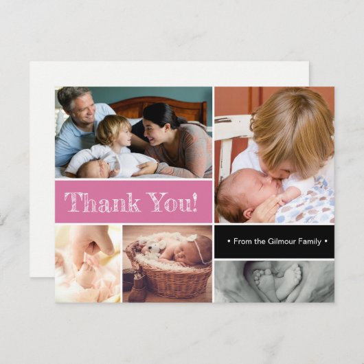 ピンクサンキューセカンドベビー誕生写真コラージュ 案内状 (正面/裏面)