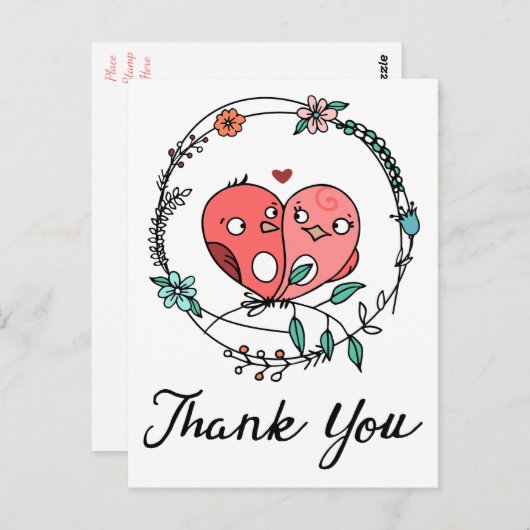 ピンクサンキューローブバードフローラリースウェッディ ポストカード (正面/裏面)
