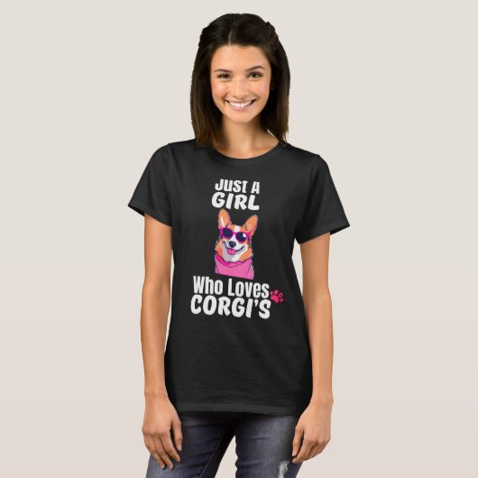 ピンクサングラスのコーギーが大好きな少女 Tシャツ (正面フル)