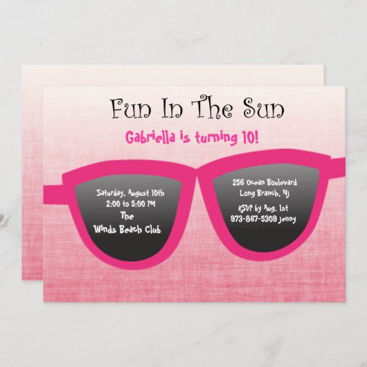 ピンクサングラス誕生日パーティーへの招待 招待状 (正面/裏面)