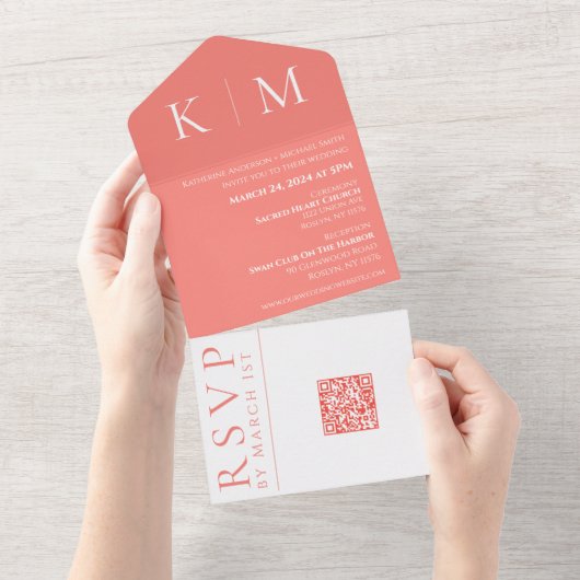 ピンクサンゴとホワイトモノグラム結婚式の招待 –  オールインワン招待状 (貼ってはがせる)