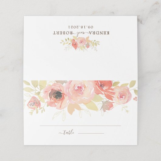 ピンクサンゴバラ葉と金ゴールドの結婚フローラ プレイスカード (外部開封)