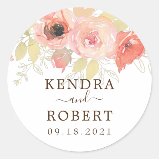 ピンクサンゴバラ葉と金ゴールドの結婚フローラ ラウンドシール (正面)