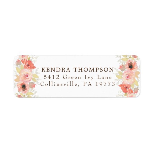 ピンクサンゴバラ葉と金ゴールドの結婚フローラ ラベル (正面)