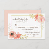 ピンクサンゴバラ葉と金ゴールドの結婚フローラ 出欠カード (正面/裏面)
