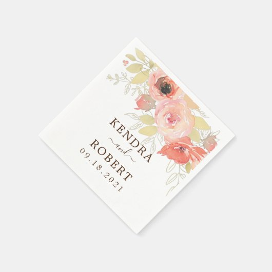 ピンクサンゴバラ離れ金ゴールドフローラウェディングシャワー スタンダードカクテルナプキン (角)