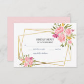 ピンクサンゴフローラと金ゴールドフレームRSVPカード 出欠カード (正面/裏面)