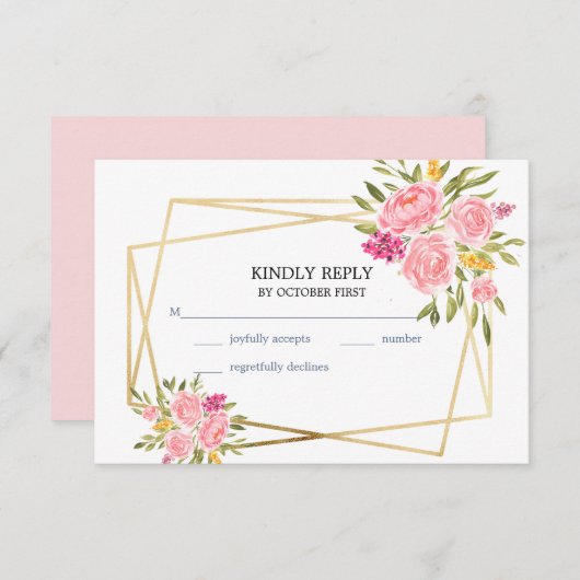 ピンクサンゴフローラと金ゴールドフレームRSVPカード 出欠カード (正面/裏面)