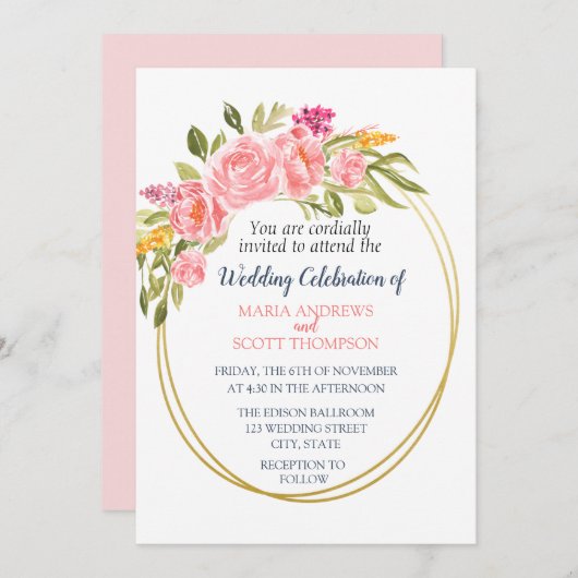 ピンクサンゴフローラと金ゴールド結婚式招待状 招待状 (正面/裏面)