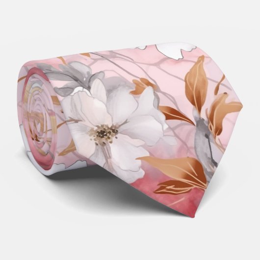 ピンクサンゴフローラ水彩植物性ネックタイ ネクタイ (ロール)