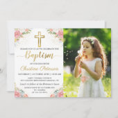 ピンクサンゴフローラ金ゴールドグリッターガールバプティスフォト 招待状 (正面)