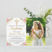 ピンクサンゴフローラ金ゴールドグリッターガールバプティスフォト 招待状 (スタンド正面)