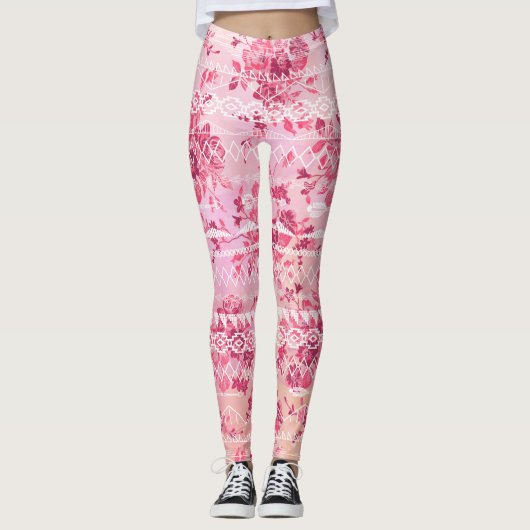 ピンクサンゴ伝統ヴィンテージバラフローラルパターン レギンス (正面)